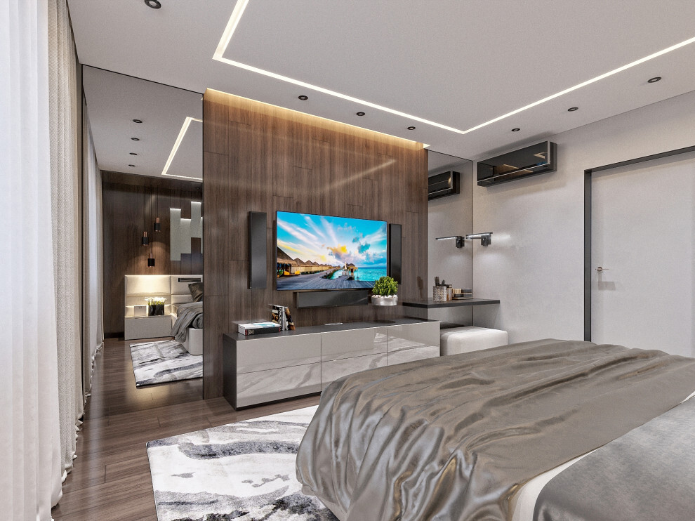 Интерьер спальни cтеной с телевизором, телевизором на рейках, телевизором на стене, керамогранитом на стену с телевизором, рейками с подсветкой, подсветкой настенной, подсветкой светодиодной и с подсветкой в современном стиле