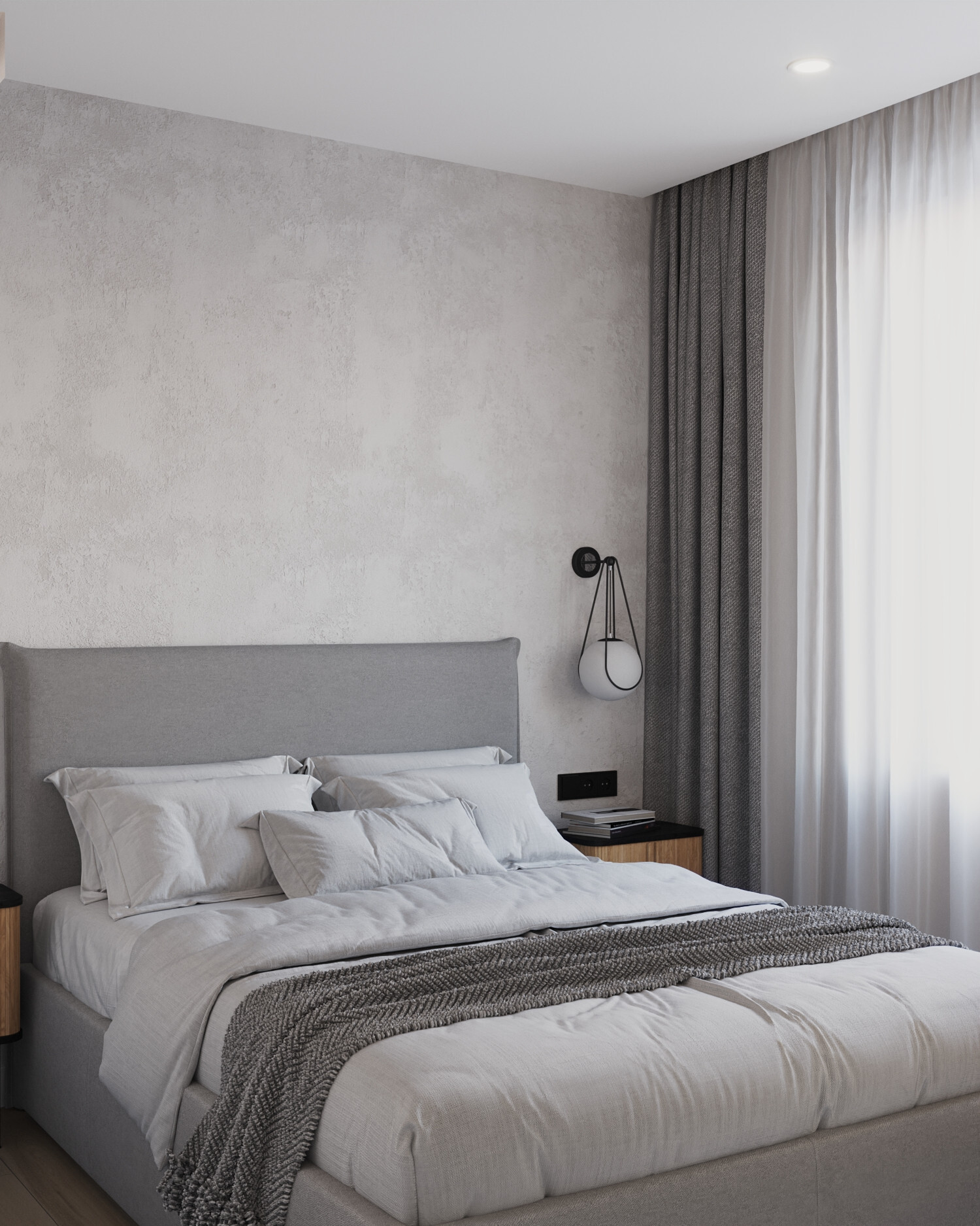 Интерьер спальни с бра над кроватью, подсветкой настенной и светильниками над кроватью в скандинавском стиле