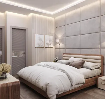 Интерьер спальни cветильниками над кроватью и с подсветкой  смотреть на Basicdecor
