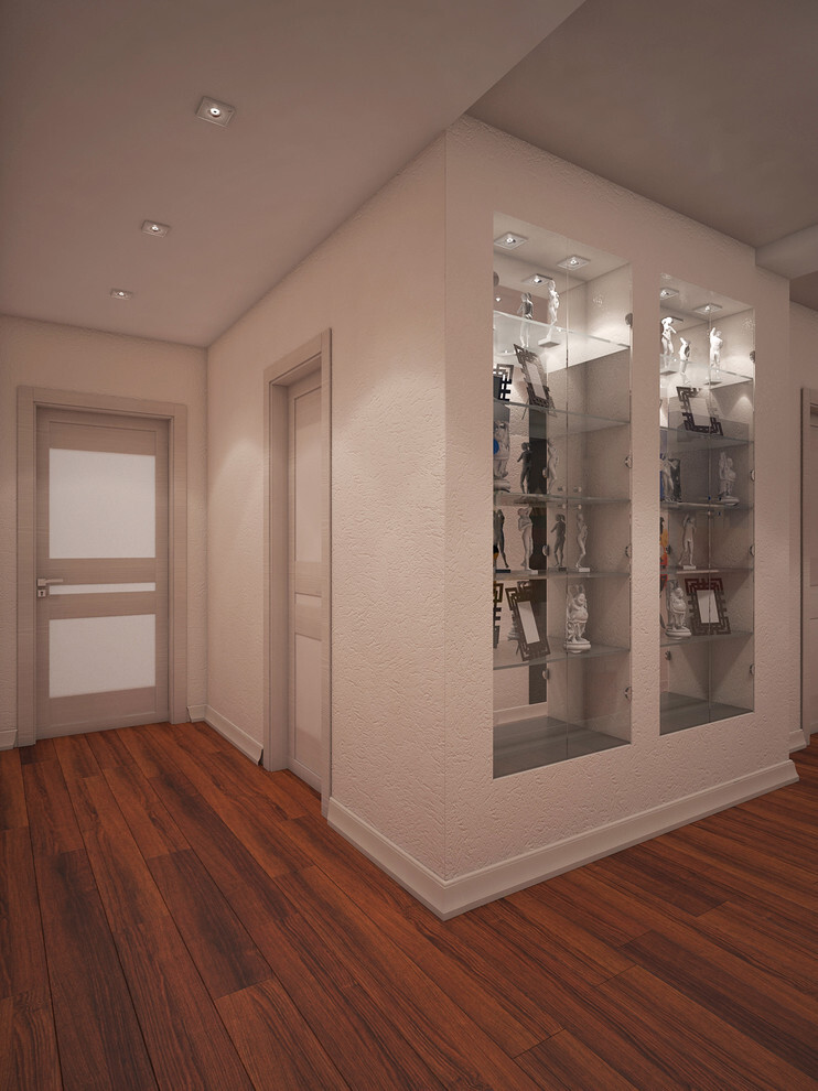 Интерьер гардеробной с без дверей, проходной, проемом, зеркалом на двери и подсветкой настенной в скандинавском стиле