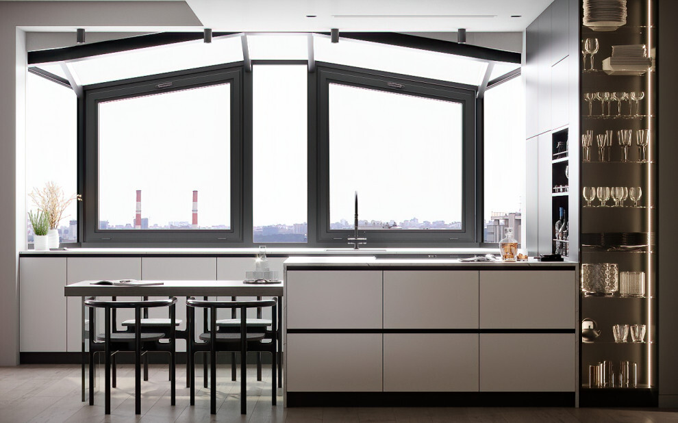 Интерьер кухни с окном и панорамными окнами в современном стиле