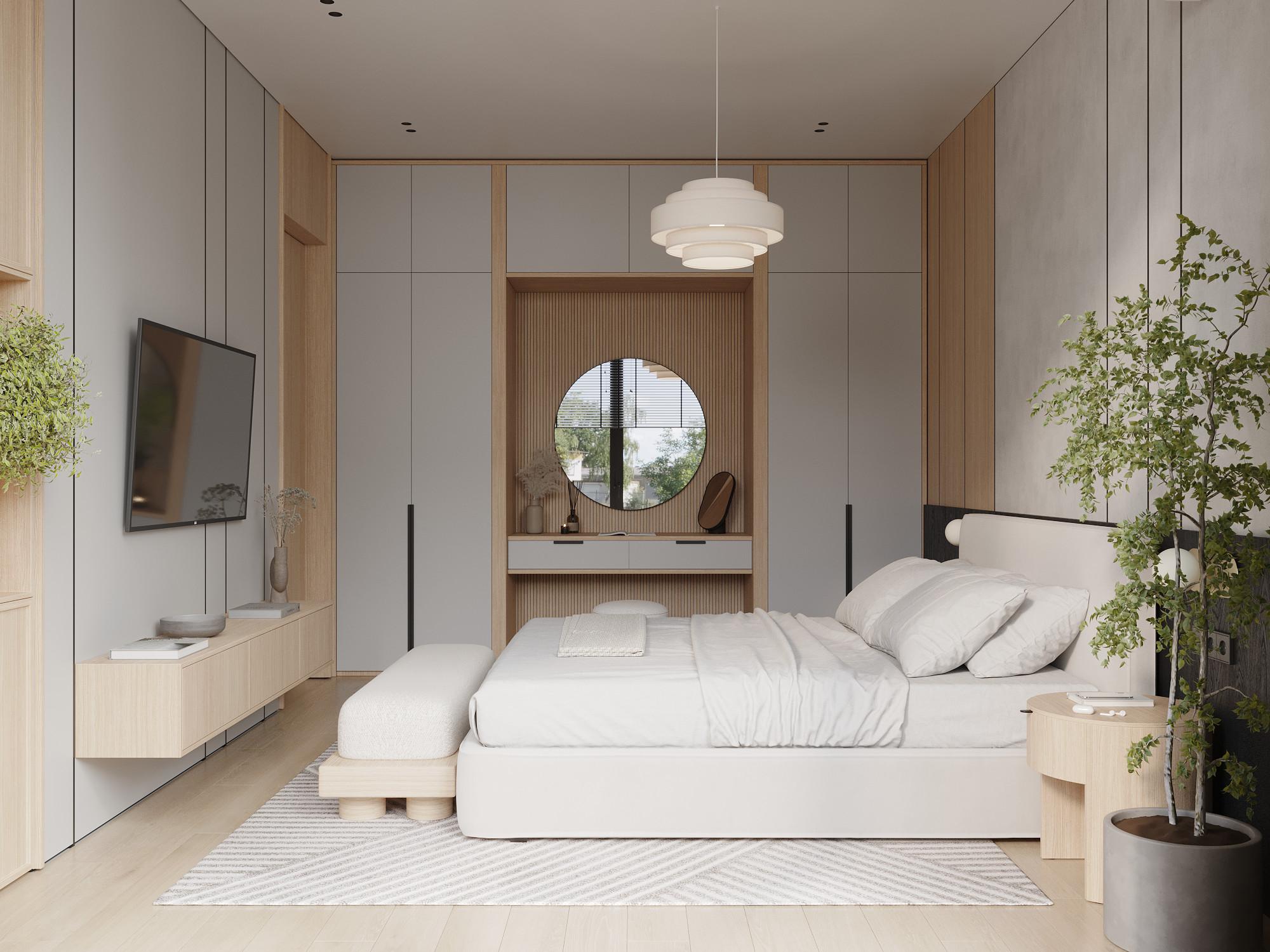 Интерьер спальни cветильниками над кроватью в современном стиле, в стиле лофт, японском и эко