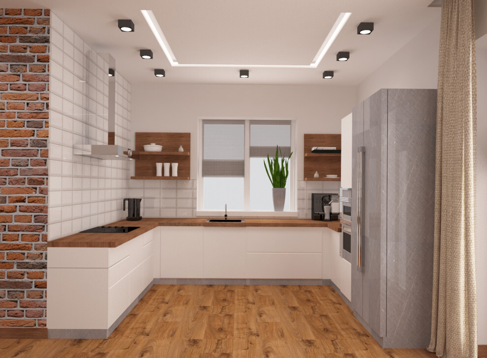 Интерьер кухни с рейками с подсветкой, подсветкой настенной и подсветкой светодиодной в современном стиле
