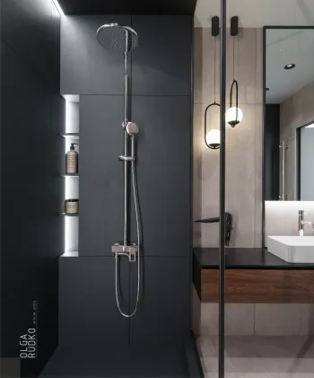 Интерьер ванной с душевой из плитки и без окна  смотреть на Basicdecor