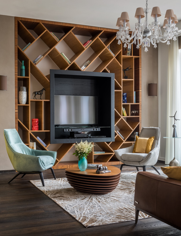 Интерьер гостиной с панно за телевизором, стеной с телевизором и керамогранитом на стену с телевизором в современном стиле