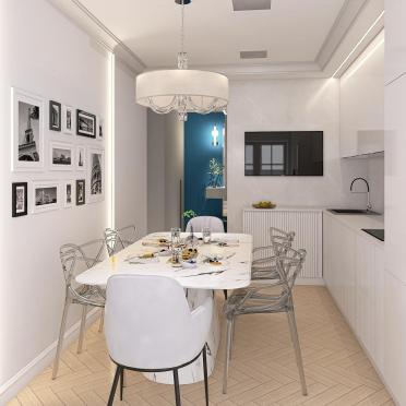 Интерьер кухни cветильниками над столом  смотреть на Basicdecor