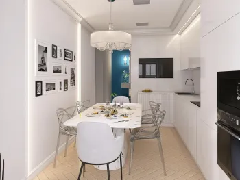 Интерьер кухни cветильниками над столом  смотреть на Basicdecor