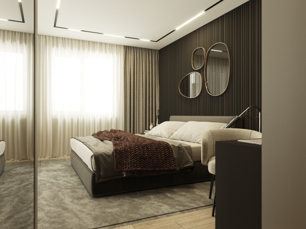 Интерьер спальни cветовыми линиями, рейками с подсветкой, подсветкой настенной и подсветкой светодиодной в современном стиле