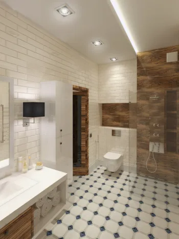 Интерьер ванной с душевой из плитки в современном стиле смотреть на Basicdecor