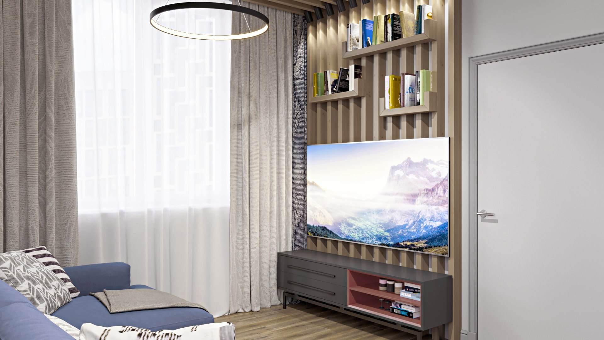 Интерьер спальни с полками над телевизором, стеной с телевизором, телевизором на рейках, телевизором на стене и керамогранитом на стену с телевизором в современном стиле