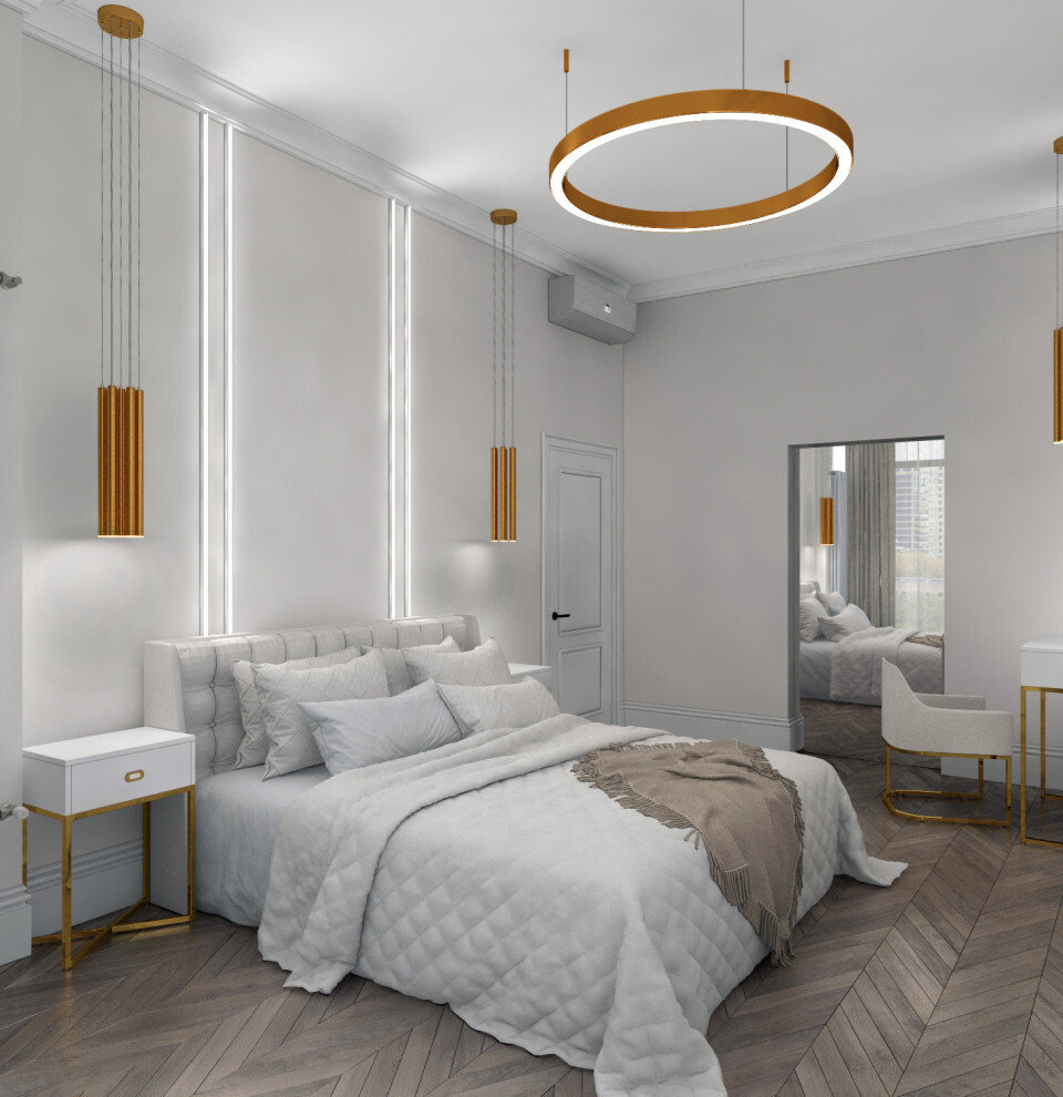 Интерьер спальни с рейками с подсветкой, подсветкой настенной, подсветкой светодиодной и светильниками над кроватью в неоклассике