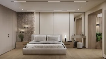 Интерьер спальни cветовыми линиями, светильниками над кроватью и с подсветкой  смотреть на Basicdecor