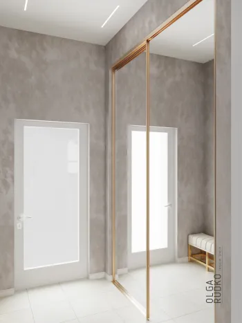 Интерьер спальни с зеркалом на двери  смотреть на Basicdecor