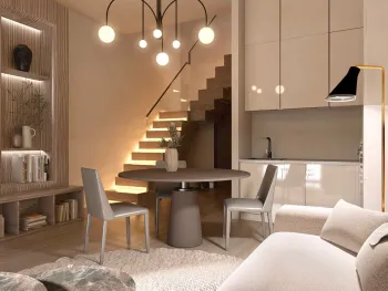 Интерьер кухни cветильниками над столом  смотреть на Basicdecor