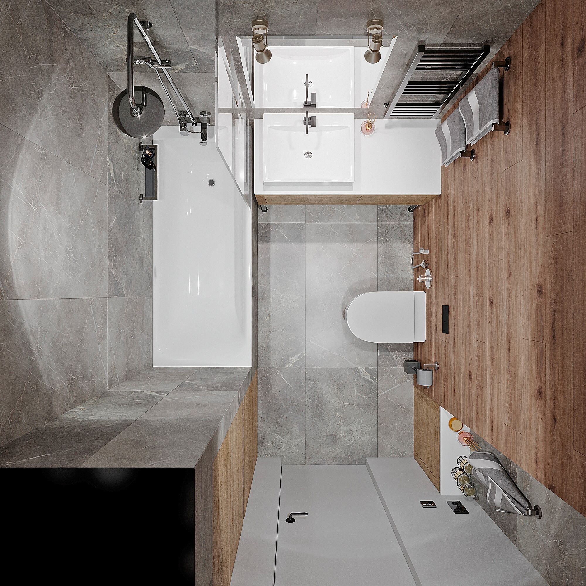 Интерьер ванной с душевой из плитки и совмещенным санузлом в стиле лофт