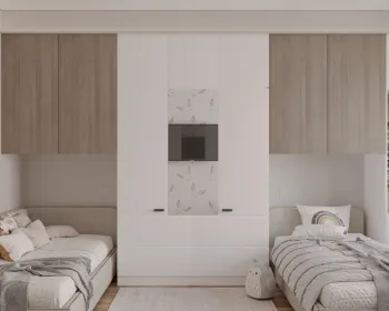 Интерьер спальни с шкафом у кровати и две кровати  смотреть на Basicdecor