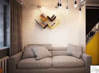 Интерьер с полками над диваном  смотреть на Basicdecor
