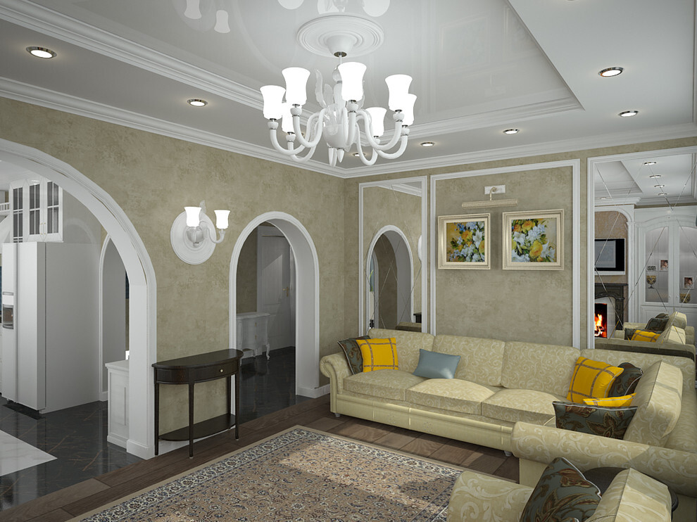 Интерьер гостиной с проходной, аркой и подсветкой настенной в классическом стиле