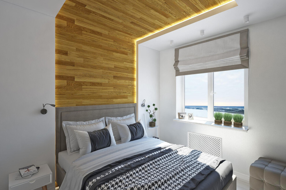 Интерьер спальни с рейками с подсветкой, бра над кроватью, подсветкой настенной, подсветкой светодиодной и светильниками над кроватью в скандинавском стиле