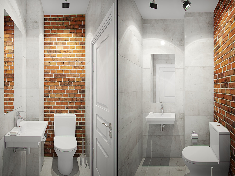 Интерьер ванной cовмещенным санузлом в стиле лофт и модернизме