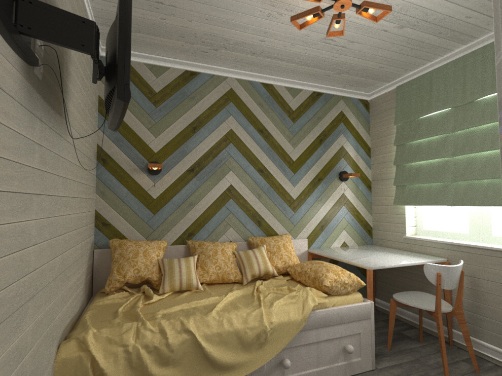 Интерьер спальни с в деревянном доме и подсветкой настенной в стиле кантри