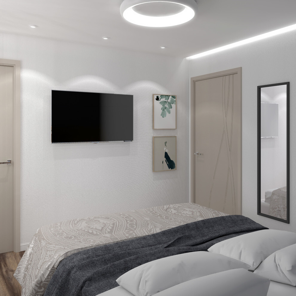 Интерьер спальни c рабочим местом, световыми линиями, подсветкой настенной, подсветкой светодиодной и светильниками над кроватью в современном стиле