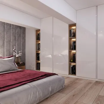 Интерьер спальни с шкафом над кроватью и шкафом у кровати  смотреть на Basicdecor