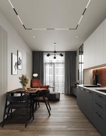 Интерьер кухни cветовыми линиями и с подсветкой  смотреть на Basicdecor