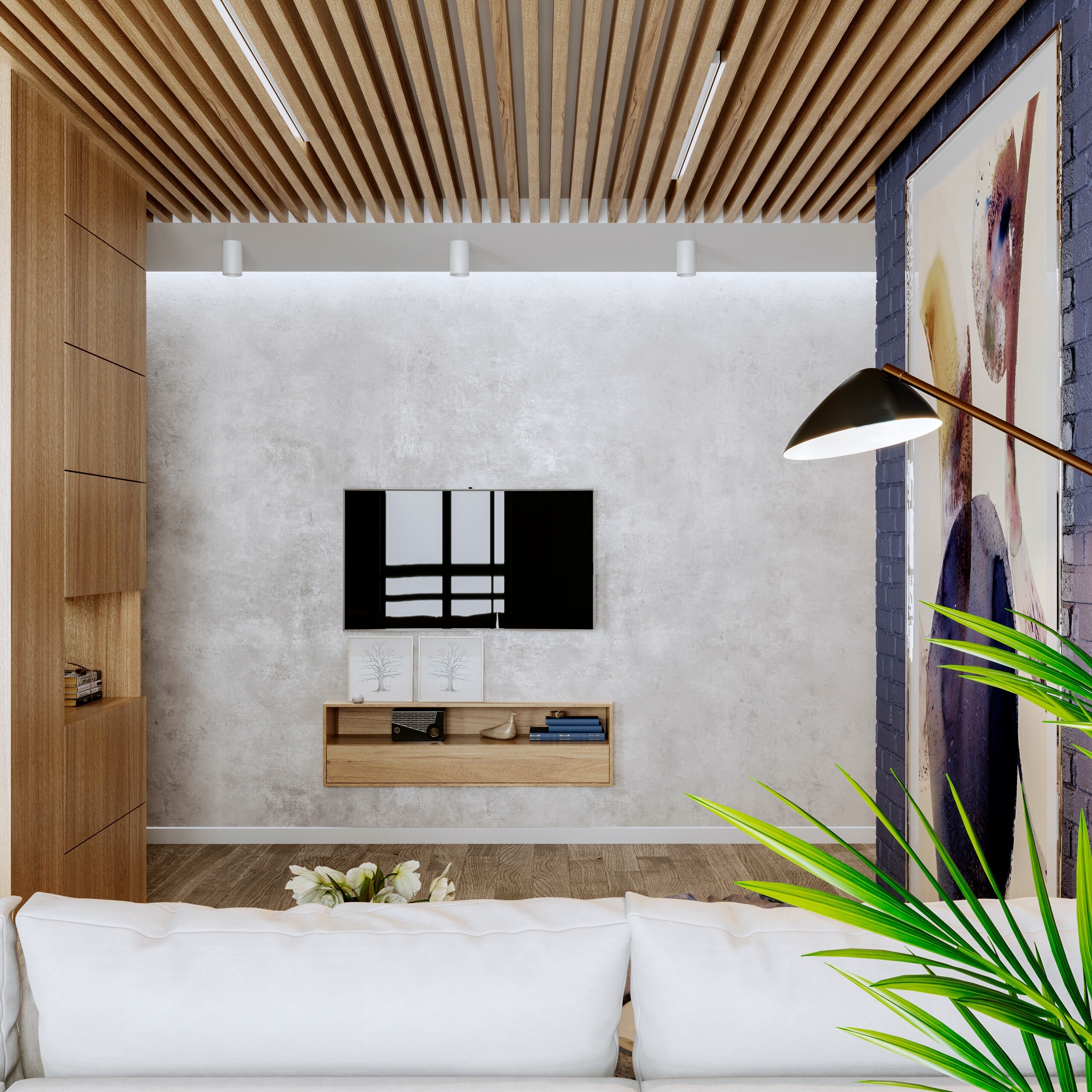 Интерьер гостиной с зонированием рейками, телевизором на рейках, подсветкой настенной и подсветкой светодиодной в современном стиле и в стиле лофт