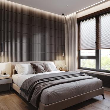 Интерьер спальни с жалюзи и дверными жалюзи  смотреть на Basicdecor