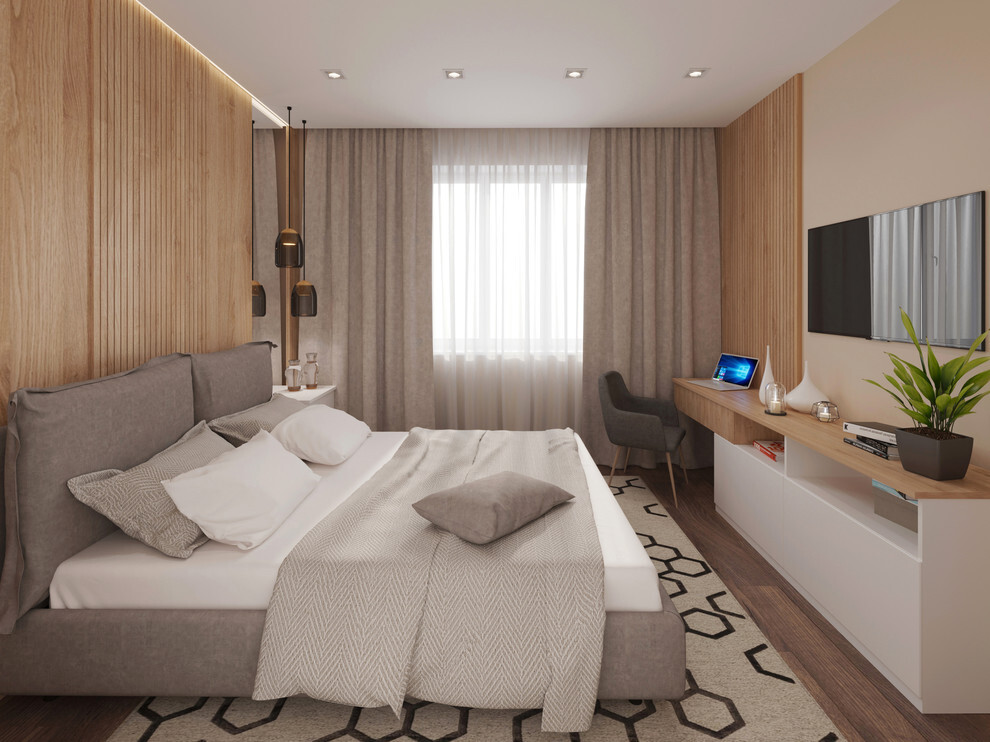 Интерьер спальни c рабочим местом и светильниками над кроватью в современном стиле