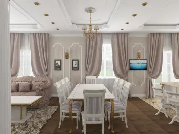 Интерьер столовой с двой окна и окном в классическом стиле смотреть на Basicdecor