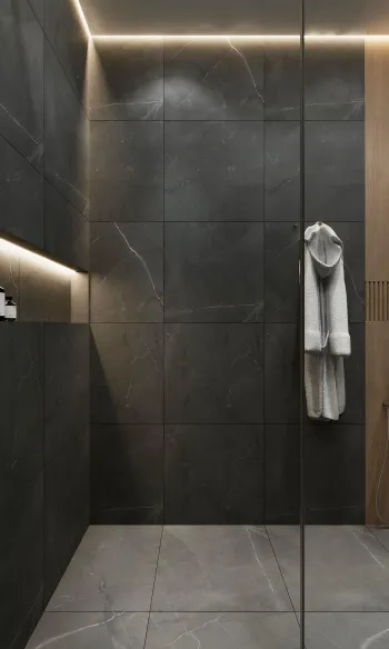 Интерьер ванной с душевой из плитки  смотреть на Basicdecor