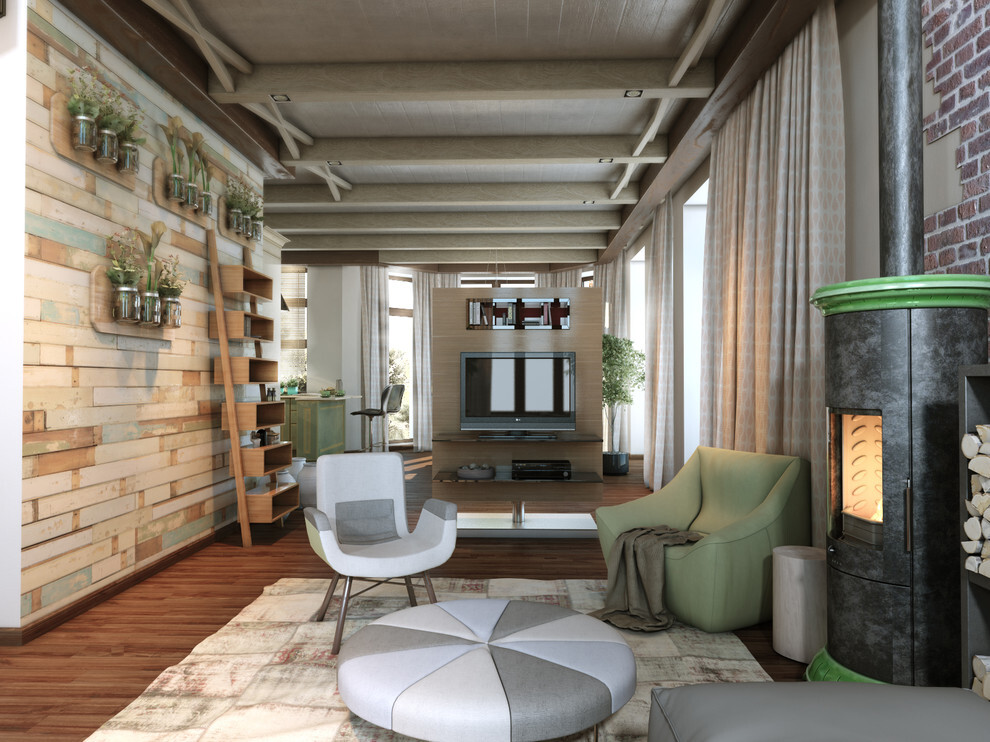 Интерьер гостиной с в деревянном доме в современном стиле и в стиле лофт