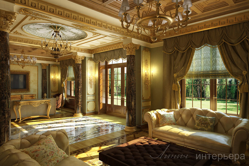 Интерьер гостиной в классическом стиле, в восточном стиле, викторианском, английском, барокко, ампире, рококо и готике