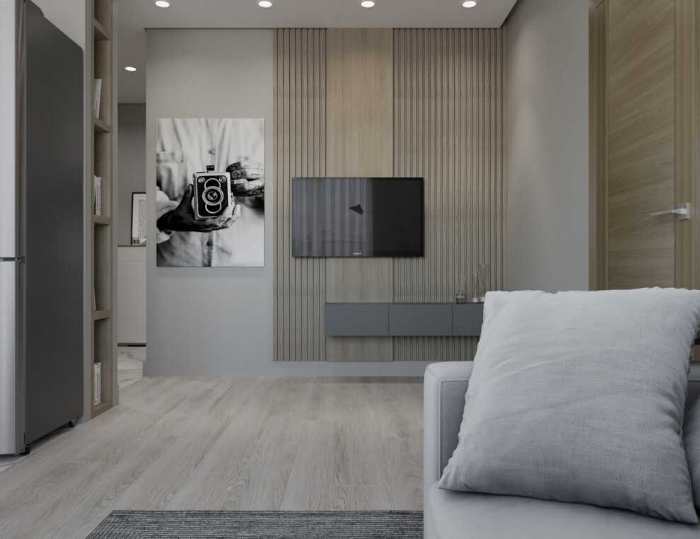Интерьер спальни cтеной с телевизором, телевизором на рейках, телевизором на стене, керамогранитом на стену с телевизором и подсветкой настенной в современном стиле