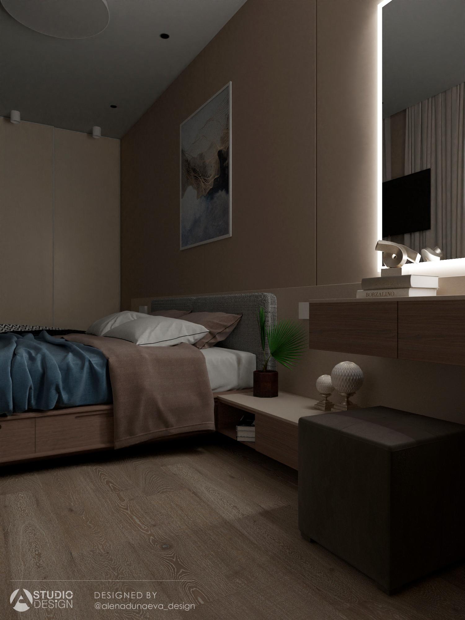 Интерьер спальни с нишей с подсветкой, сауной, рейками с подсветкой, подсветкой настенной, подсветкой светодиодной, светильниками над кроватью и с подсветкой в современном стиле