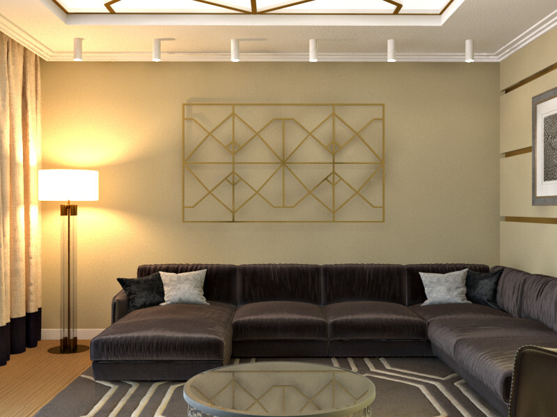 Интерьер гостиной cветовыми линиями, рейками с подсветкой, подсветкой настенной и подсветкой светодиодной
