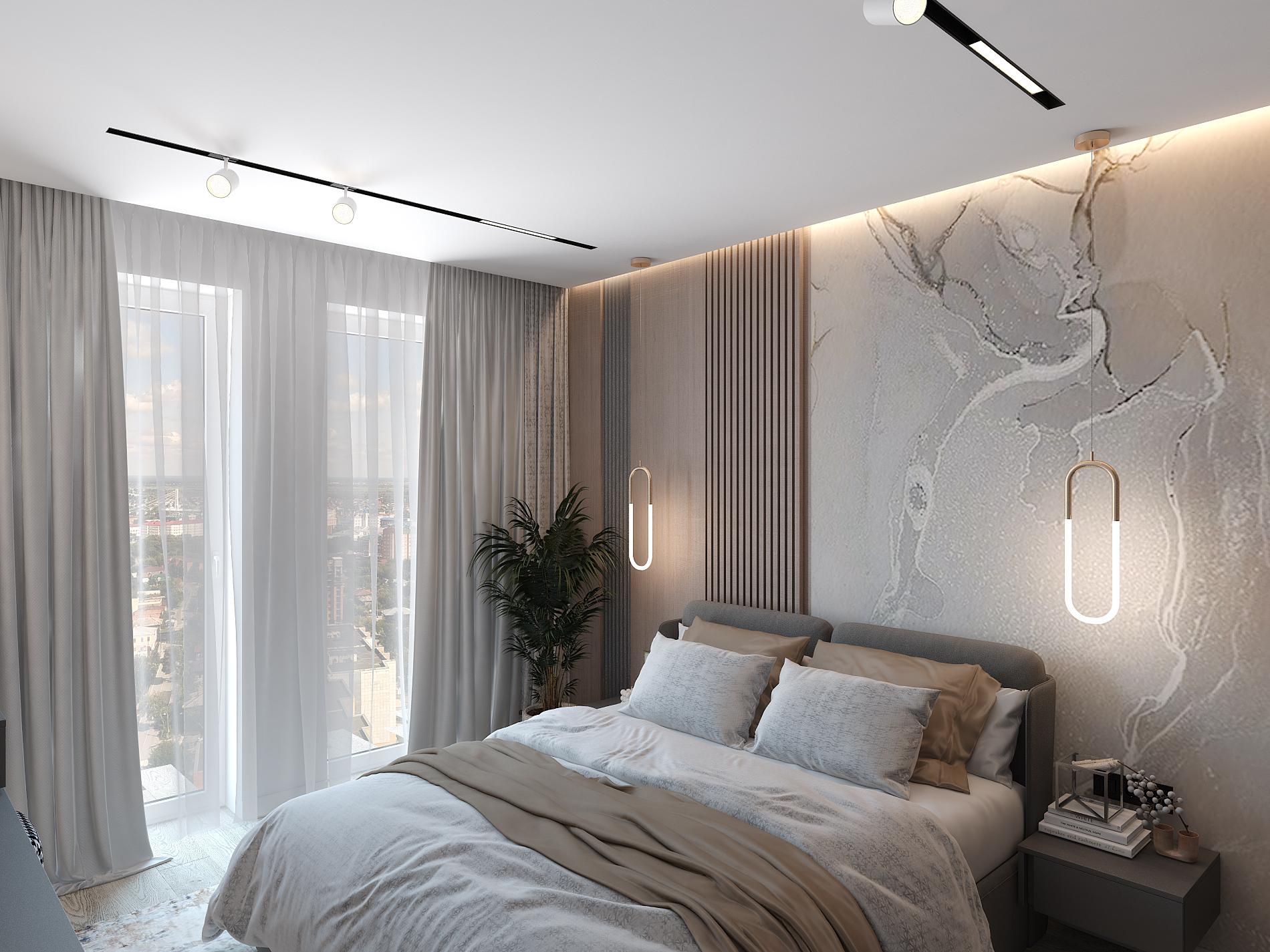 Интерьер спальни cветовыми линиями, рейками с подсветкой, подсветкой настенной, подсветкой светодиодной, светильниками над кроватью и с подсветкой