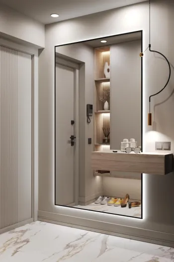Интерьер ванной с зеркалом в нише и зеркалом на двери  смотреть на Basicdecor