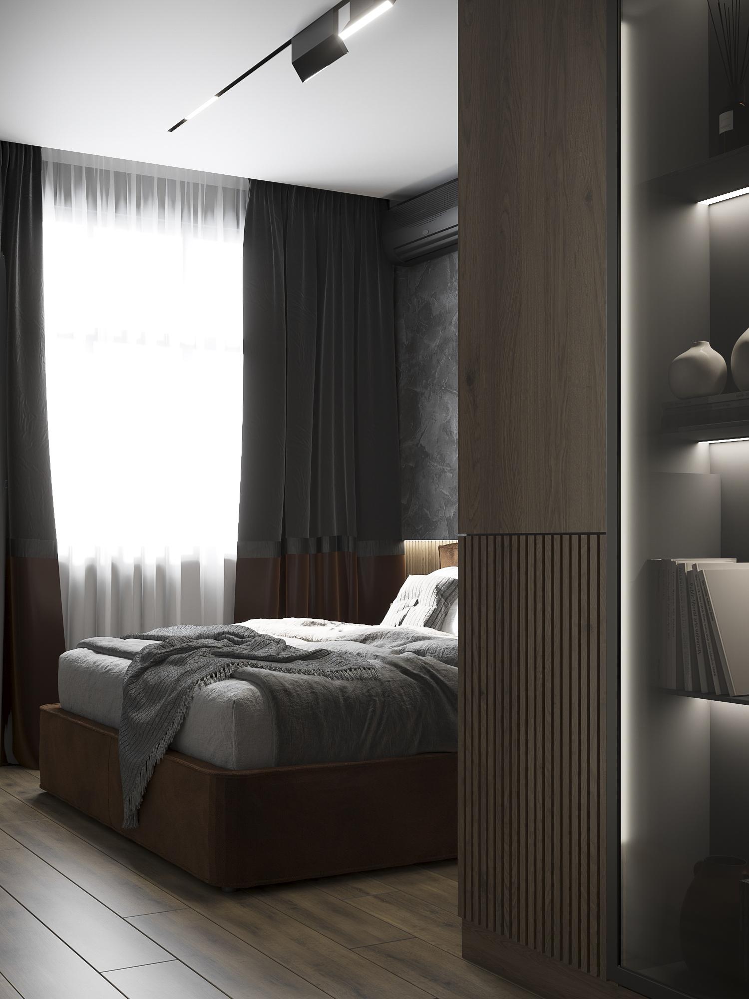 Интерьер спальни с шкафом над кроватью, шкафом напротив кровати и шкафом у кровати в стиле лофт и эко