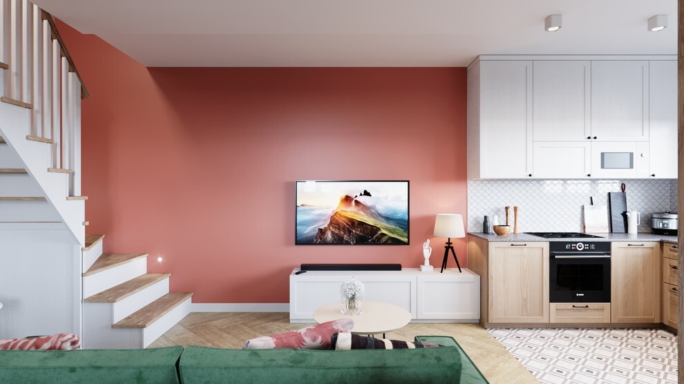 Интерьер гостиной с панно за телевизором, стеной с телевизором, телевизором на рейках, телевизором на стене, нишей для телевизора и керамогранитом на стену с телевизором в скандинавском стиле