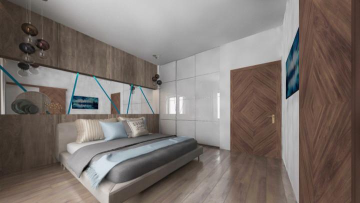 Интерьер спальни с рейками с подсветкой, подсветкой настенной и подсветкой светодиодной в современном стиле