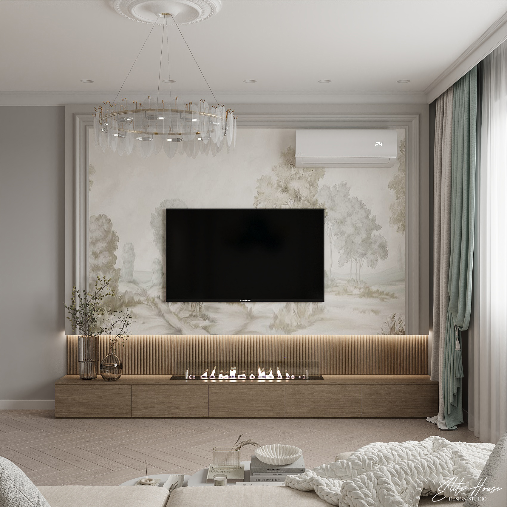 Интерьер гостиной с нишей для телевизора  смотреть на Basicdecor