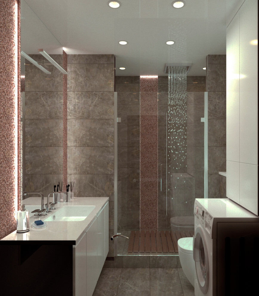 Интерьер ванной с душевой из плитки и совмещенным санузлом в классическом стиле