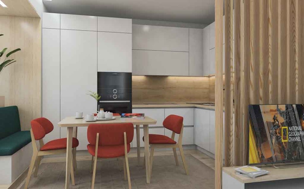Интерьер кухни c рабочим местом и с кабинетом в стиле лофт