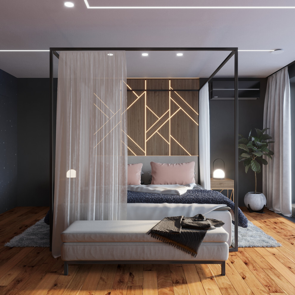 Интерьер спальни с рейками с подсветкой и светильниками над кроватью