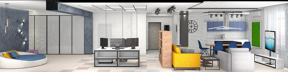 Интерьер офиса c рабочим местом, проходной, с кабинетом, open space и переговорной в стиле лофт