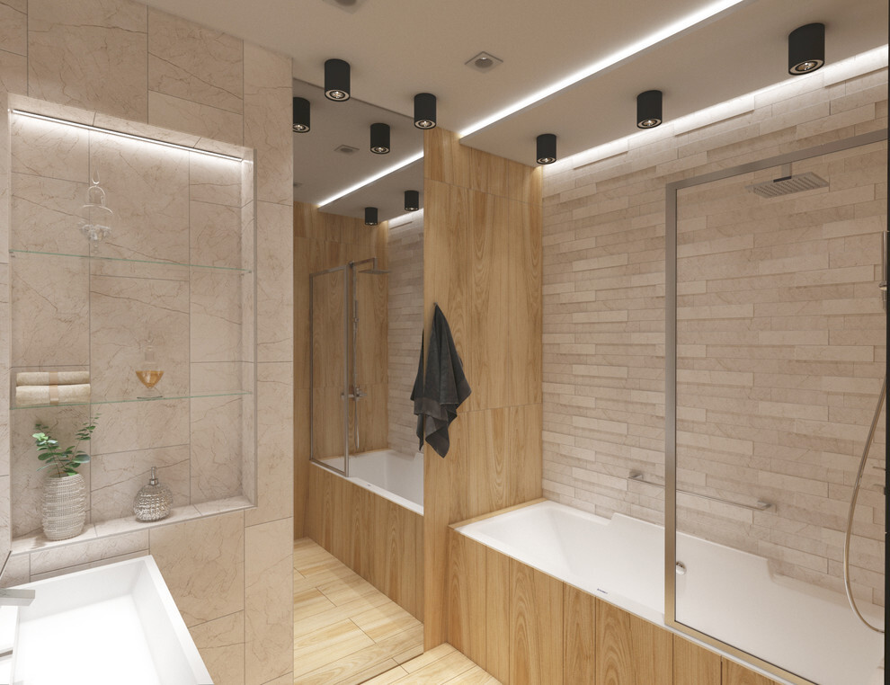 Интерьер ванной cауной, подсветкой настенной и подсветкой светодиодной в неоклассике и в стиле лофт