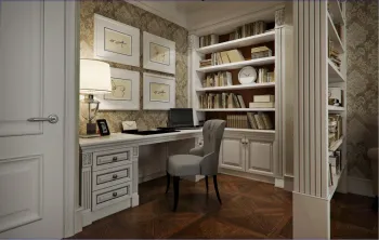 Интерьер кабинета c рабочим местом и библиотекой в неоклассике смотреть на Basicdecor